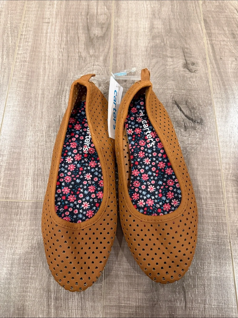 Carter's Girls Tan Perforated Slip-On Ballet Flats with Floral Insole